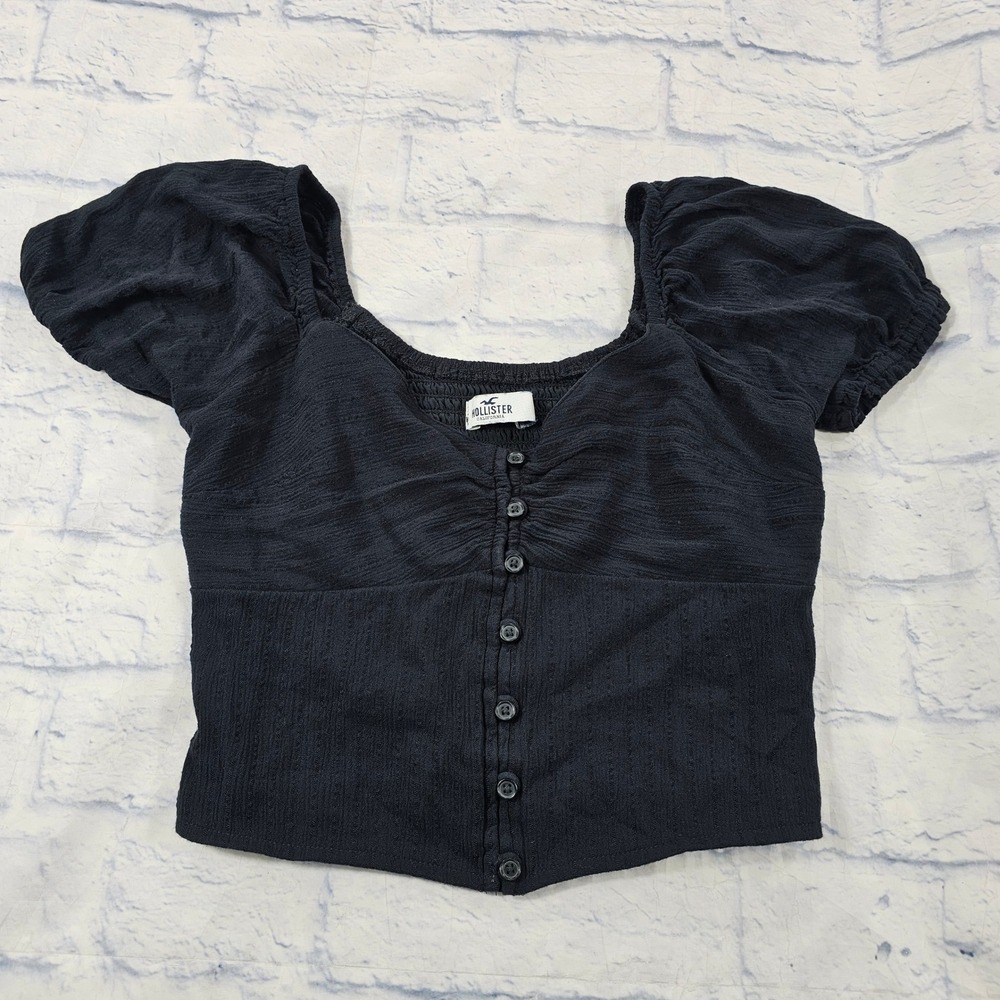 Hollister Button Front Top Women S Black Puff Sleeve Boho Smocked Crop